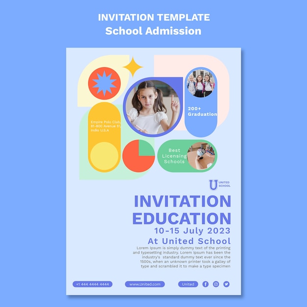 PSD gratuit modèle d'invitation d'admission à l'école design plat