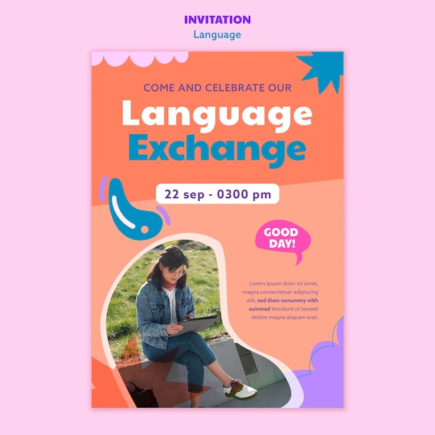 PSD gratuit modèle d'invitation à l'apprentissage des langues au design plat