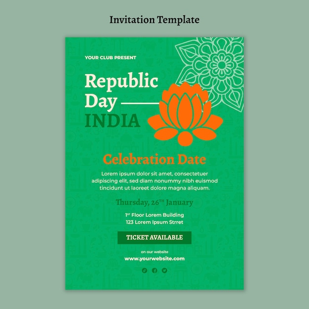 PSD gratuit modèle d'invitation au jour de la république indienne design plat