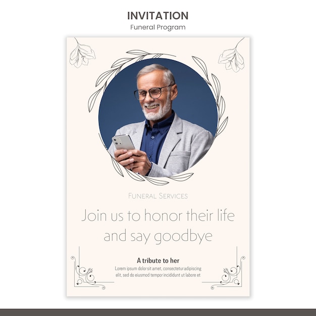 PSD gratuit modèle d'invitation au programme funéraire dessiné à la main