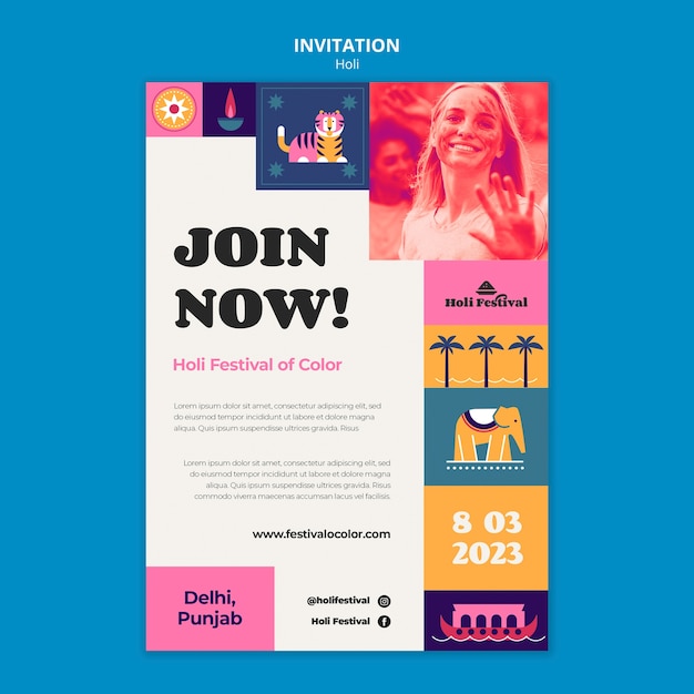 PSD gratuit modèle d'invitation à la célébration du festival holi