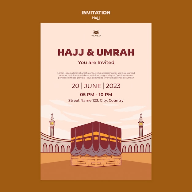 PSD gratuit modèle d'invitation à la célébration du hajj dessiné à la main