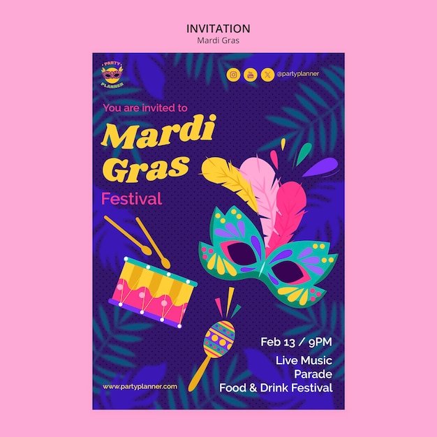 PSD gratuit modèle d'invitation à la célébration du mardi gras