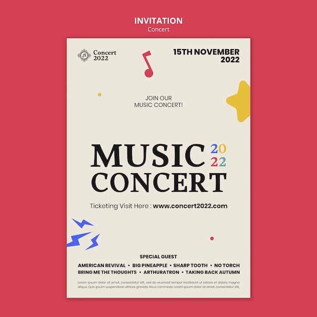 PSD gratuit modèle d'invitation à un concert de musique dessiné à la main