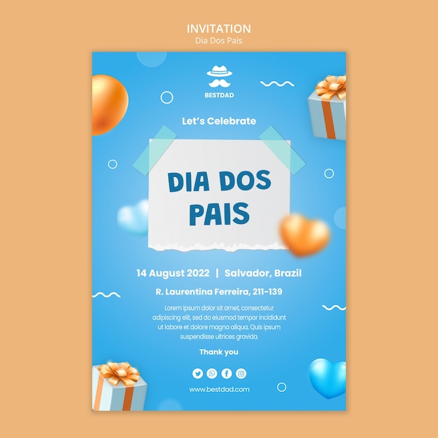 PSD gratuit modèle d'invitation dia dos pais avec des ballons et des coeurs