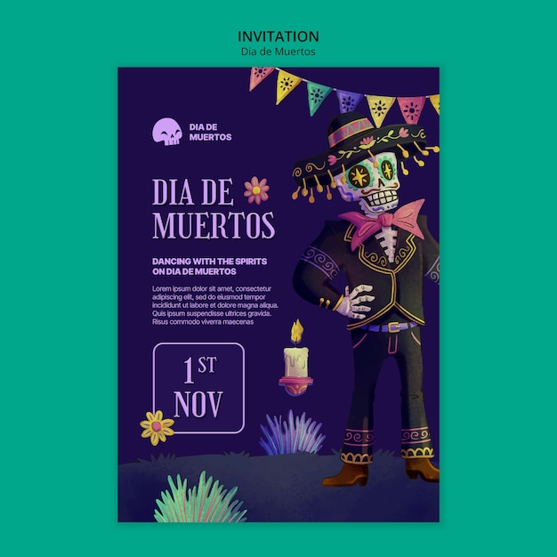 PSD gratuit modèle d'invitation dia de muertos dessiné à la main