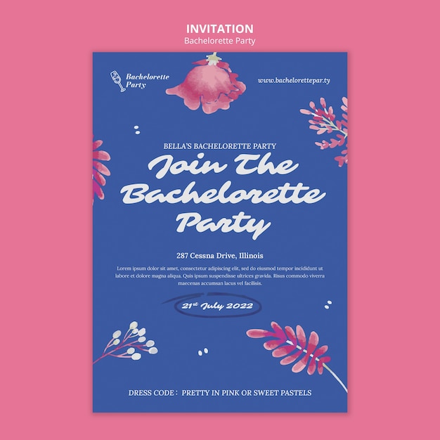 PSD gratuit modèle d'invitation à un enterrement de vie de jeune fille aquarelle