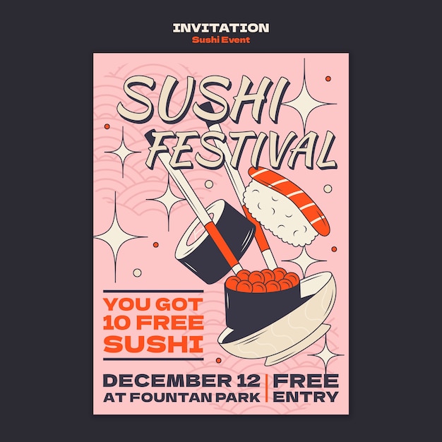 PSD gratuit modèle d'invitation à un événement sushi dessiné à la main