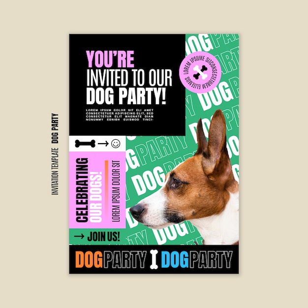 PSD gratuit modèle d'invitation de fête de chien design plat