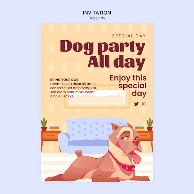 PSD gratuit modèle d'invitation de fête de chien design plat