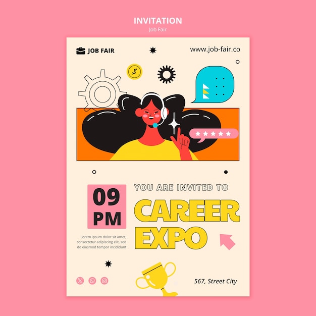 PSD gratuit modèle d'invitation à la foire de l'emploi de design plat