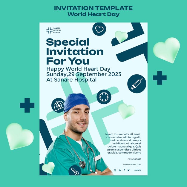Modèle d'invitation à la journée mondiale du cœur design plat