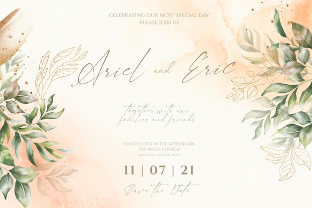 PSD gratuit modèle d'invitation de mariage avec des feuilles d'aquarelle