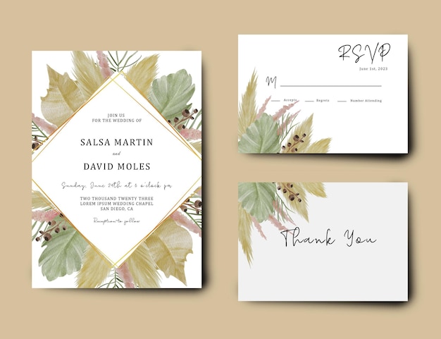 Modèle d'invitation de mariage avec des fleurs d'herbe de la pampa et des feuilles d'aquarelle