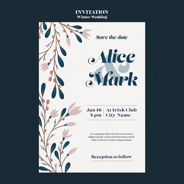 PSD gratuit modèle d'invitation de mariage d'hiver floral