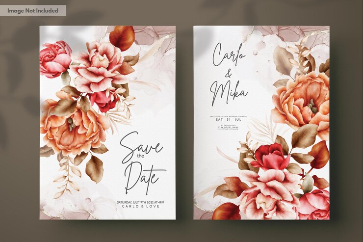 PSD gratuit modèle d'invitation de mariage avec des roses brunes aquarelles élégantes