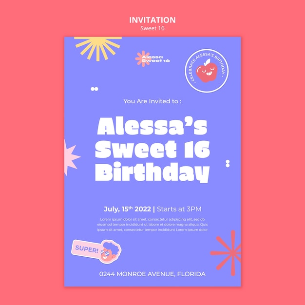 PSD gratuit modèle d'invitation sweet 16 avec des étoiles