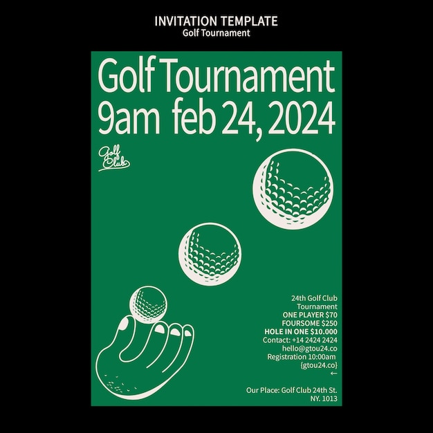 PSD gratuit modèle d'invitation à un tournoi de golf dessiné à la main