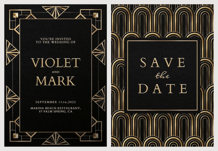 PSD gratuit modèle de jeu de carte d'invitation de mariage psd avec style art déco géométrique sur fond sombre