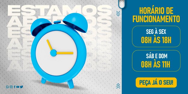 modèle de médias sociaux nous sommes ouverts aux heures d'ouverture avec horloge 3d