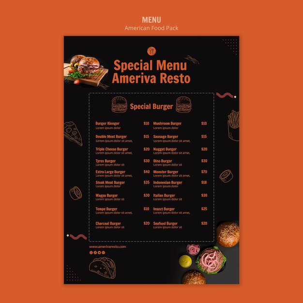 PSD gratuit modèle de menu avec concept de cuisine américaine