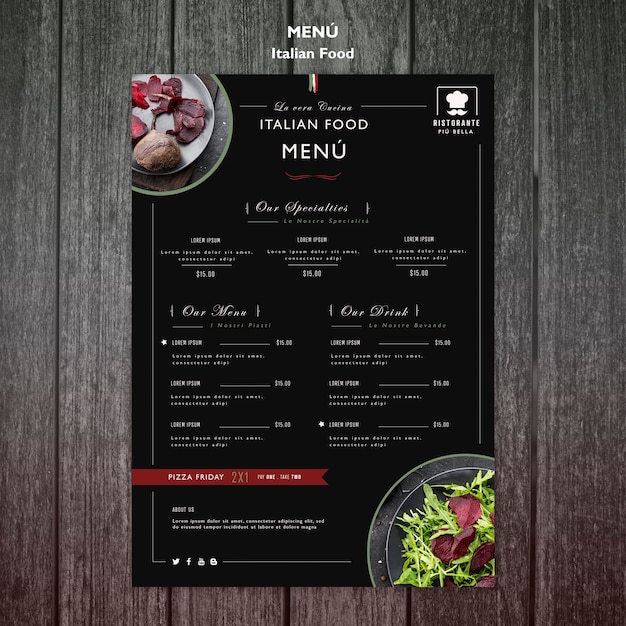 Modèle de menu de cuisine italienne