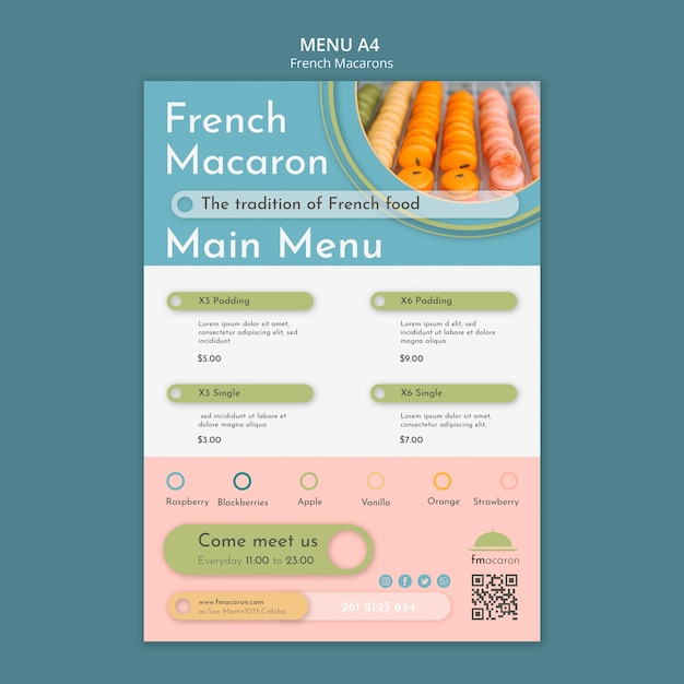 PSD gratuit modèle de menu de macarons français