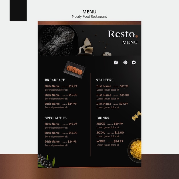 PSD gratuit modèle de menu de nourriture moody