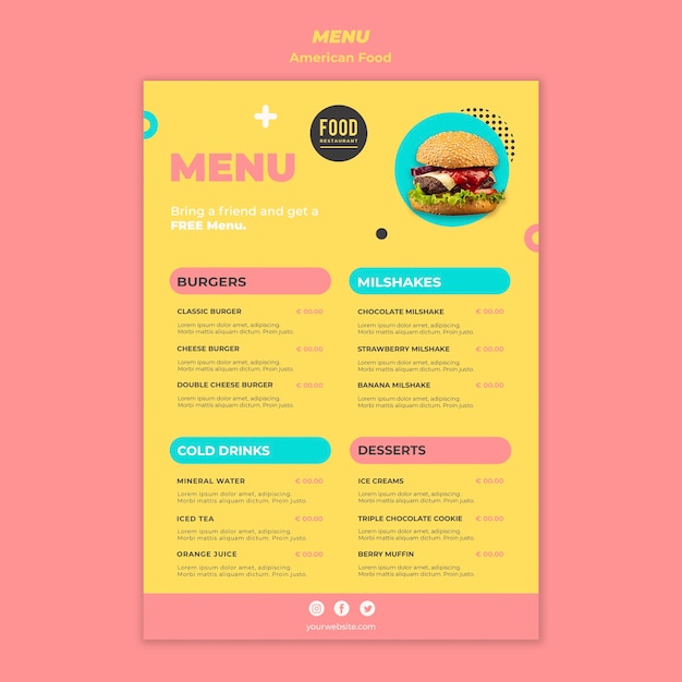 Modèle de menu pour la cuisine américaine avec burger
