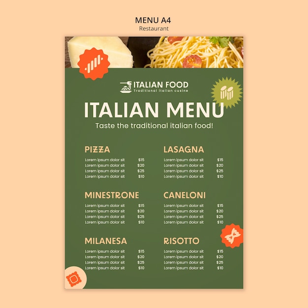 PSD gratuit modèle de menu d'un restaurant italien