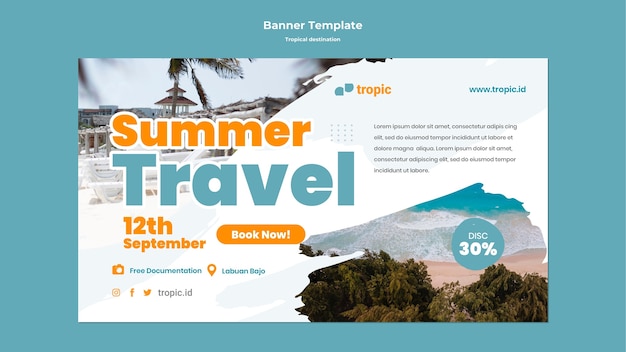 PSD gratuit modèle de modèle de bannière horizontale de voyage de destination tropicale