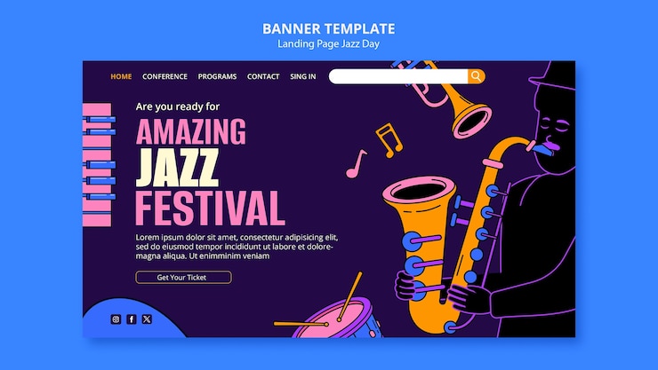 PSD gratuit modèle de page d'accueil pour la célébration de la journée du jazz.