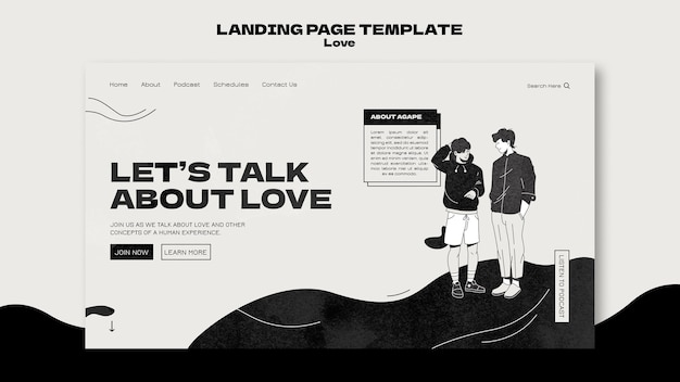 PSD gratuit modèle de page de destination d'amour en noir et blanc