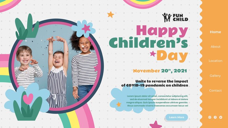 PSD gratuit modèle de page de destination amusant et coloré pour la journée des enfants