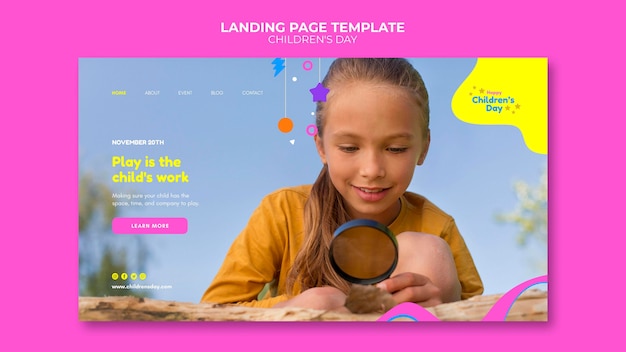 PSD gratuit modèle de page de destination amusant et coloré pour la journée des enfants