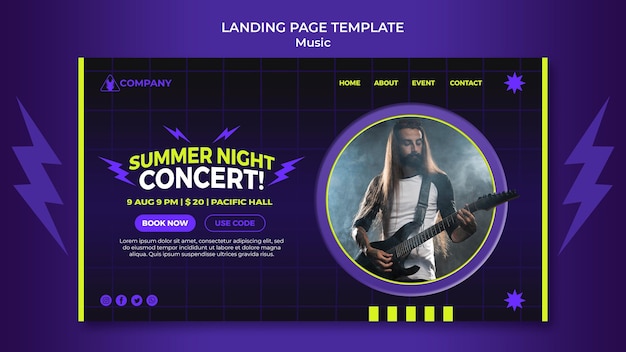 Modèle de page de destination au néon pour le concert de nuit d'été