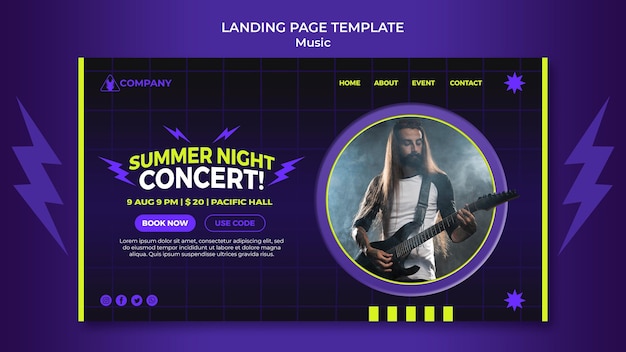 PSD gratuit modèle de page de destination au néon pour le concert de nuit d'été