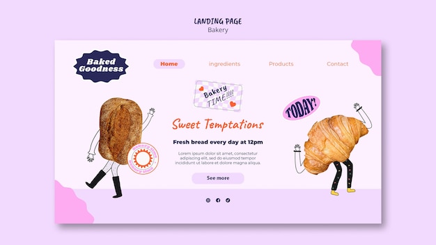 PSD gratuit modèle de page de destination de boulangerie dessiné à la main