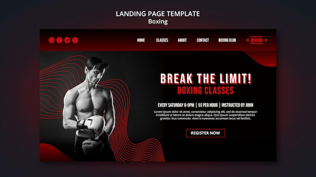 PSD gratuit modèle de page de destination de boxe avec photo