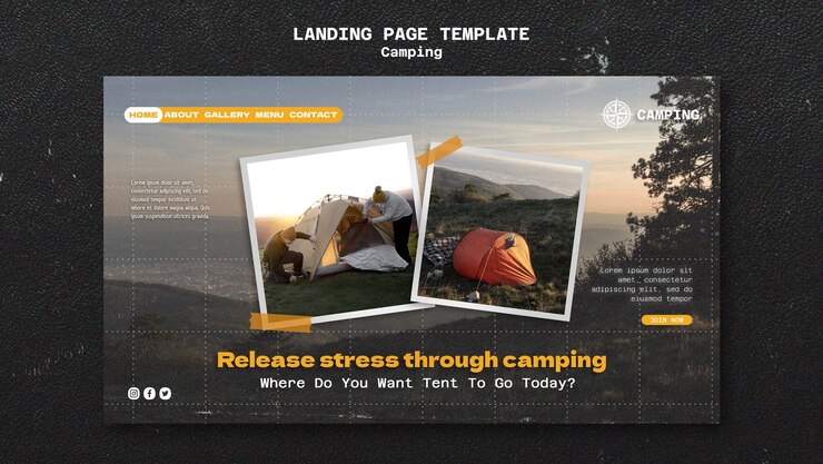 PSD gratuit modèle de page de destination de camping avec conception de grille