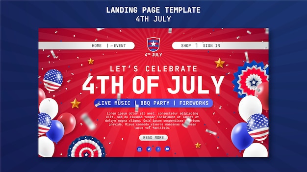 PSD gratuit modèle de page de destination de la célébration du 4 juillet