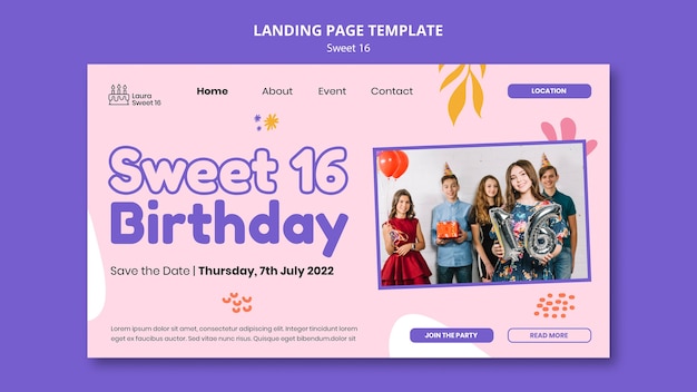 PSD gratuit modèle de page de destination de célébration sweet 16 avec des feuilles