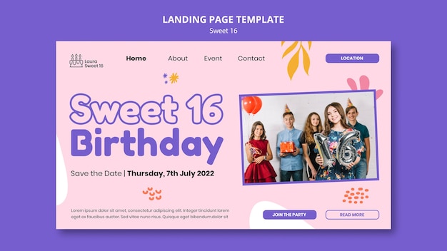 Modèle De Page De Destination De Célébration Sweet 16 Avec Des Feuilles