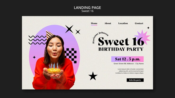 PSD gratuit modèle de page de destination de célébration sweet 16