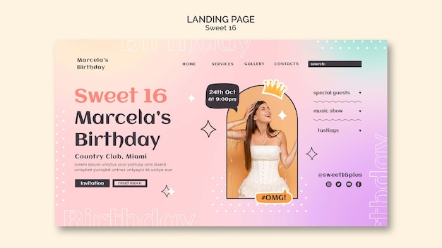 PSD gratuit modèle de page de destination de célébration sweet 16
