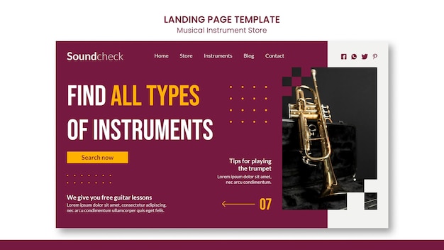 PSD gratuit modèle de page de destination de concept d'instrument de musique