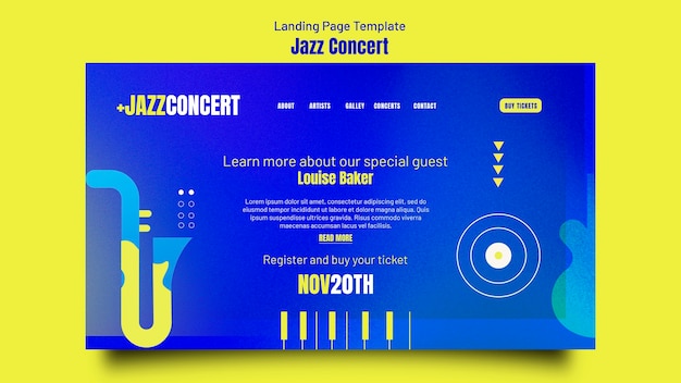 PSD gratuit modèle de page de destination de concert de jazz dégradé