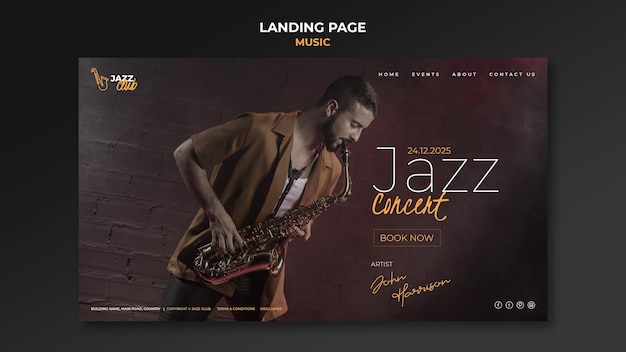 PSD gratuit modèle de page de destination de concert de jazz