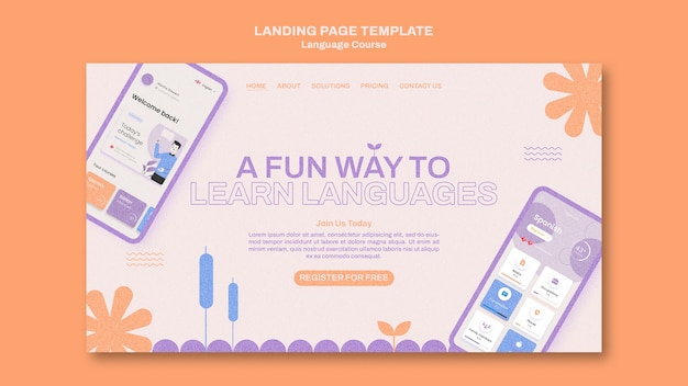 PSD gratuit modèle de page de destination des cours de langues étrangères dans un style floral