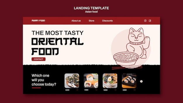 PSD gratuit modèle de page de destination de cuisine asiatique dessiné à la main